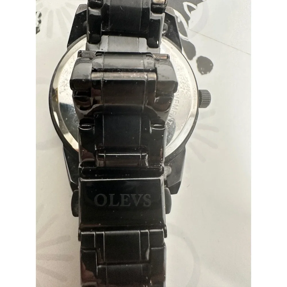 OLEVS Mens Quartz Watch Blue Dial Stainless Steel Black Band Day Date Wristwatch